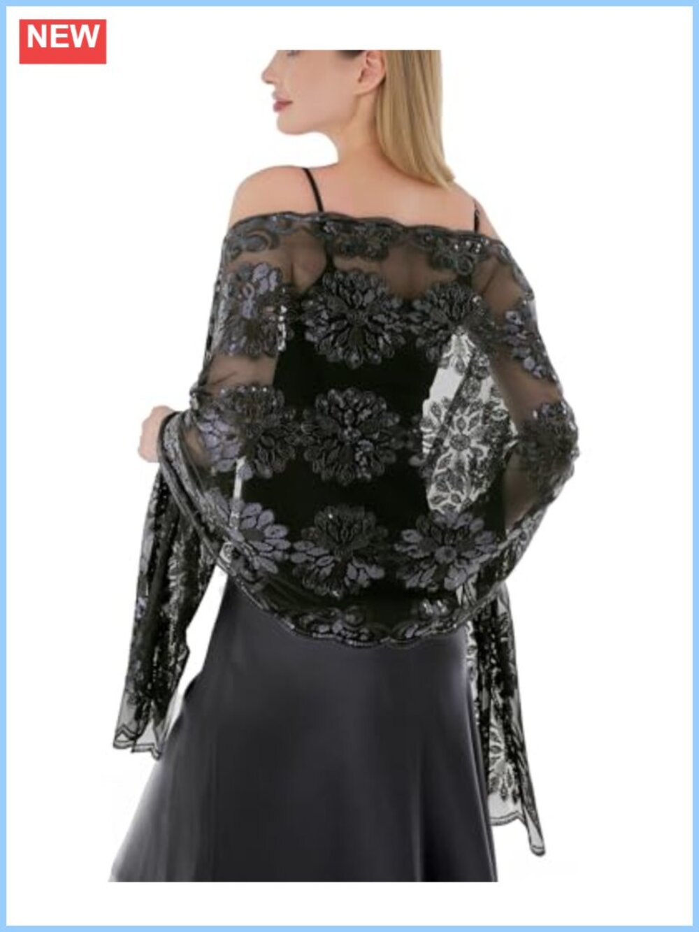 Sequin Floral Lace Sheer Chiffon Shawl Wrap for Evening Dresses